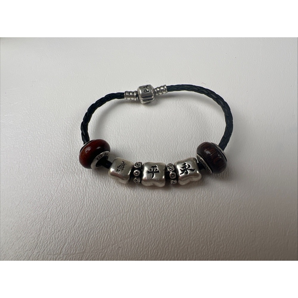 Leather Bracelet Pandora Sterling Silver Chinese Symbols of Peace Love Faith 7